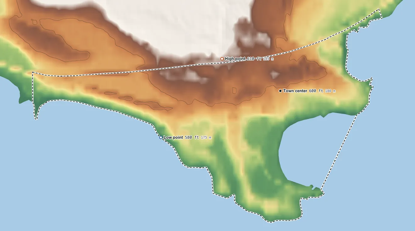 Topographic elevation map of Naubinway, Michigan, shaded from 580 ft on the west side to 610 ft on the northwest side