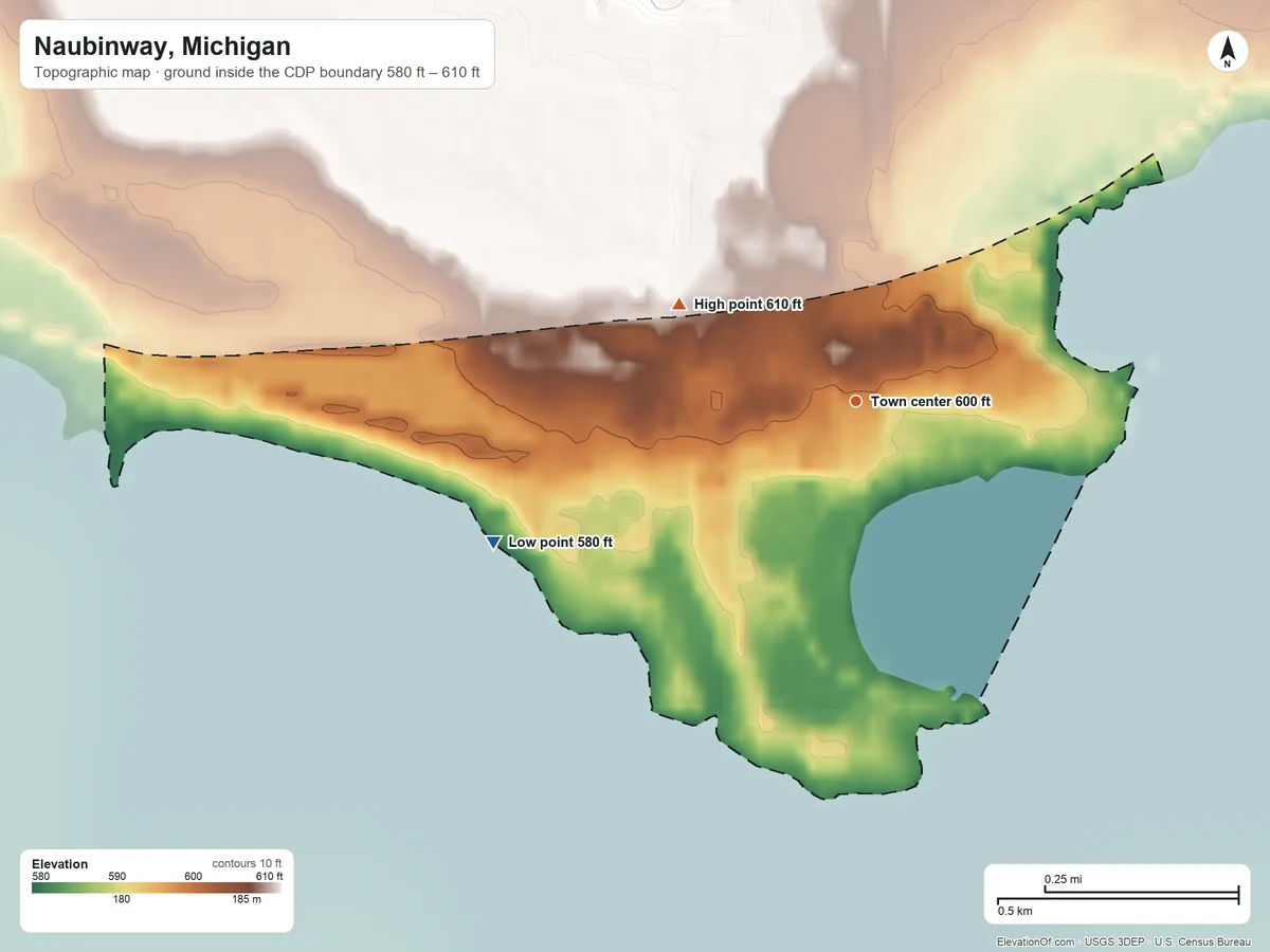 Topographic elevation map of Naubinway, Michigan, shaded from 580 ft on the west side to 610 ft on the northwest side