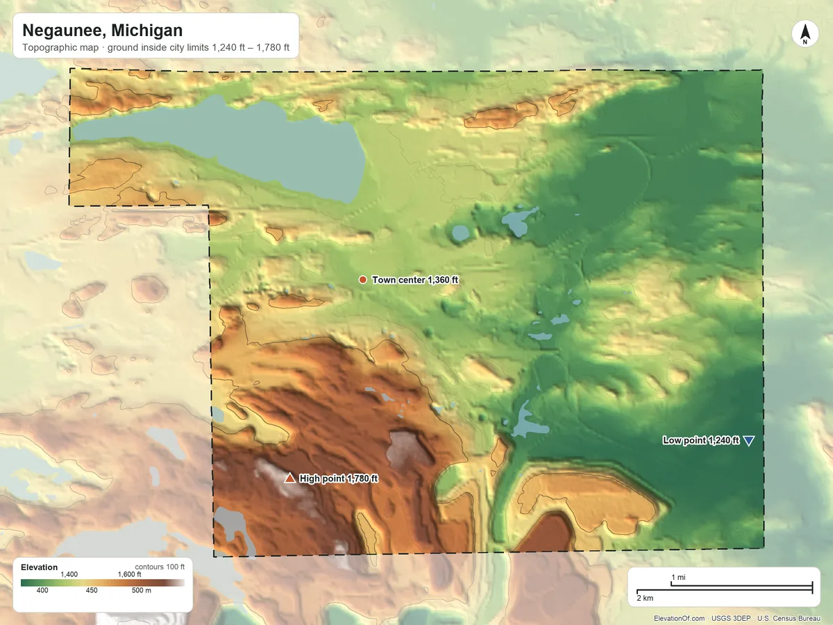 Topographic elevation map of Negaunee, Michigan, shaded from 1,240 ft on the southeast side to 1,780 ft on the south side