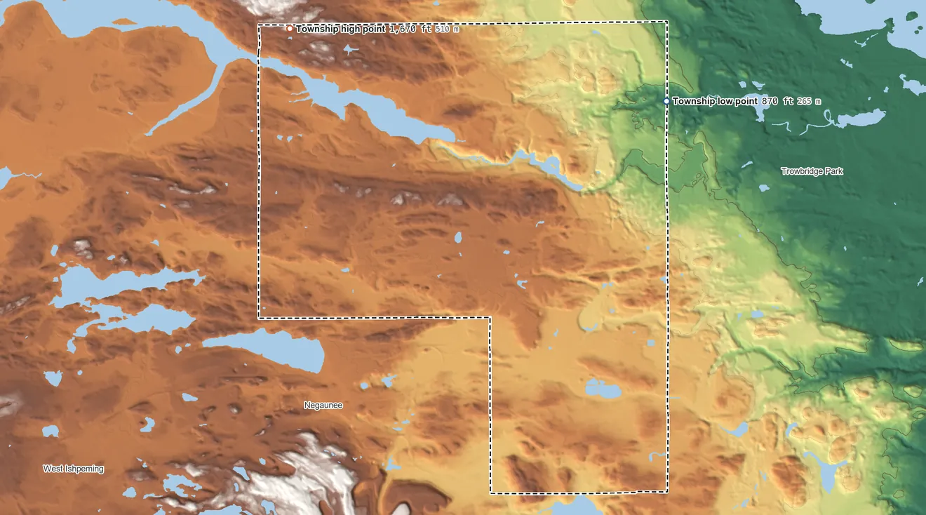 Topographic elevation map of Negaunee Township, Michigan, shaded from 870 ft on the northeast side to 1,670 ft on the northwest side