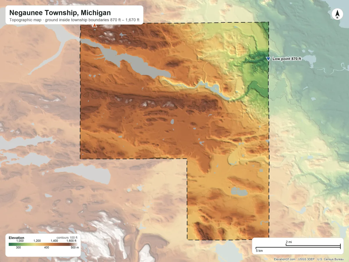 Topographic elevation map of Negaunee Township, Michigan, shaded from 870 ft on the northeast side to 1,670 ft on the northwest side