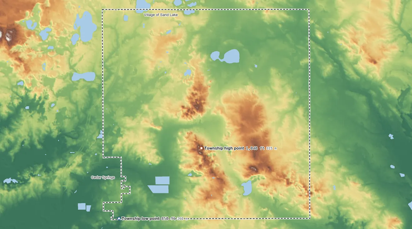 Topographic elevation map of Nelson Township, Michigan, shaded from 850 ft on the southwest side to 1,040 ft near the middle