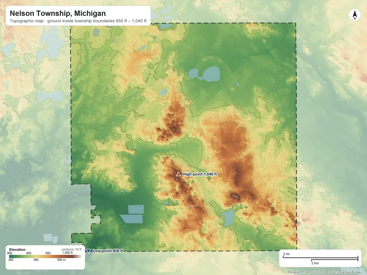Topographic elevation map of Nelson Township, Michigan, shaded from 850 ft on the southwest side to 1,040 ft near the middle