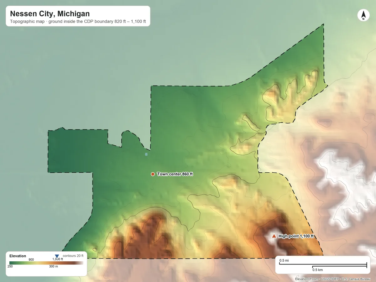 Topographic elevation map of Nessen City, Michigan, shaded from 820 ft on the southwest side to 1,100 ft on the southeast side