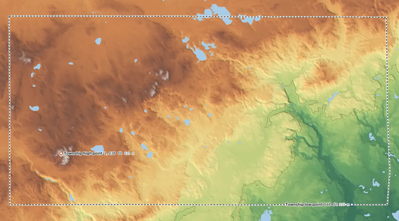 Topographic elevation map of Nester Township, Michigan, shaded from 840 ft on the east side to 1,430 ft on the west side