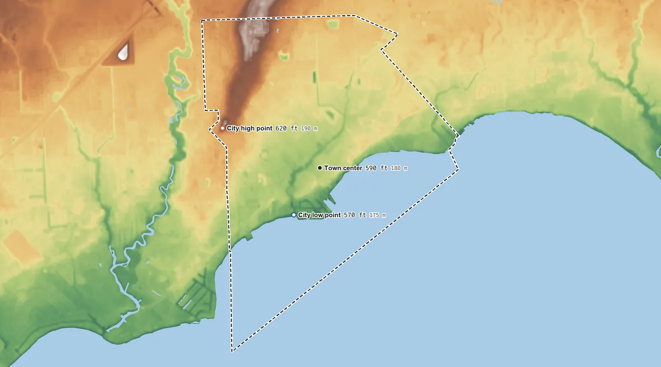 Topographic elevation map of New Baltimore, Michigan, shaded from 570 ft on the southwest side to 620 ft on the west side