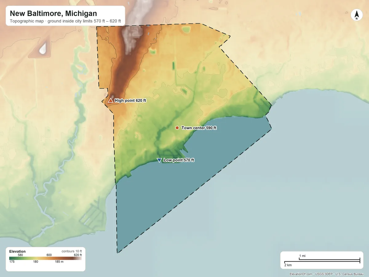 Topographic elevation map of New Baltimore, Michigan, shaded from 570 ft on the southwest side to 620 ft on the west side