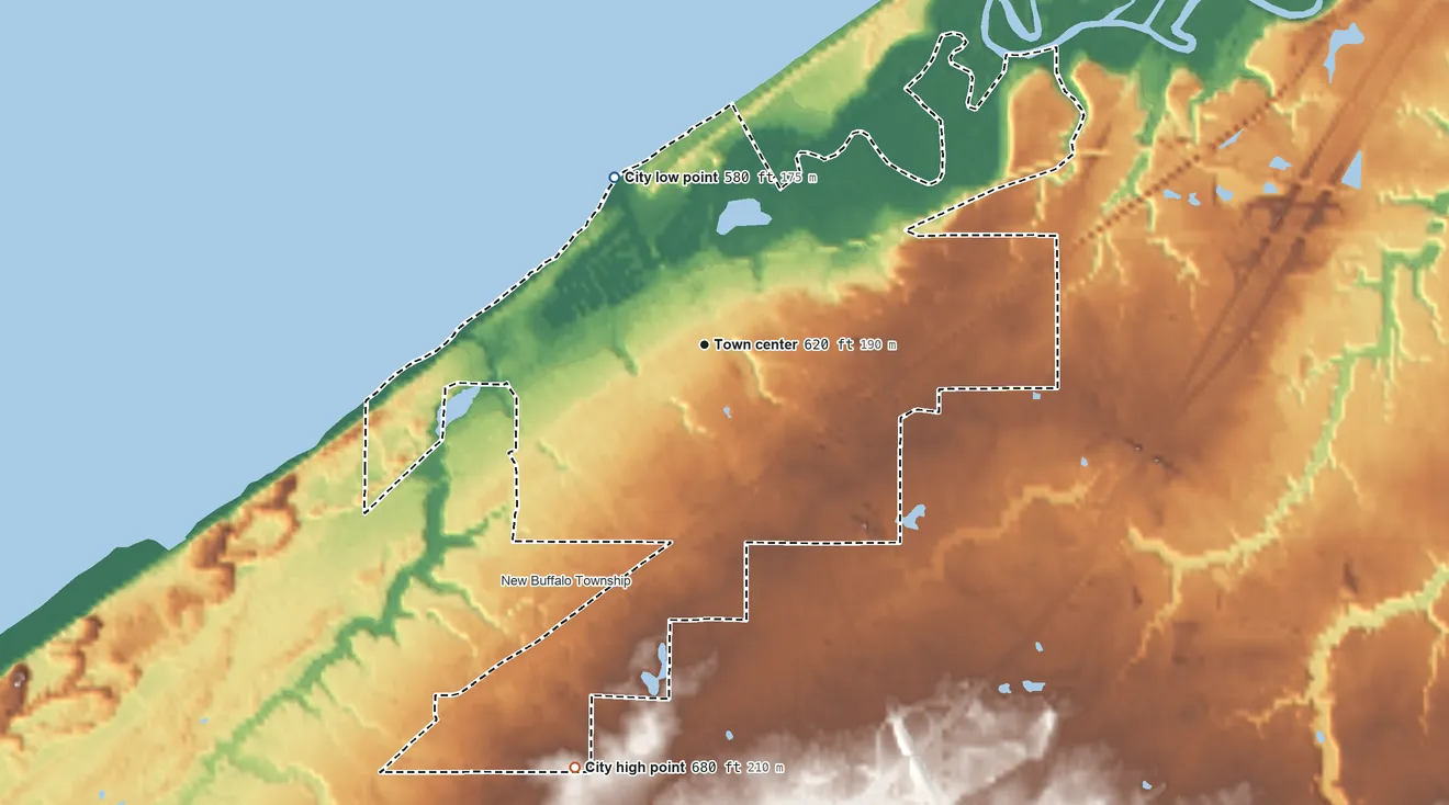 Topographic elevation map of New Buffalo, Michigan, shaded from 580 ft on the northwest side to 680 ft on the south side