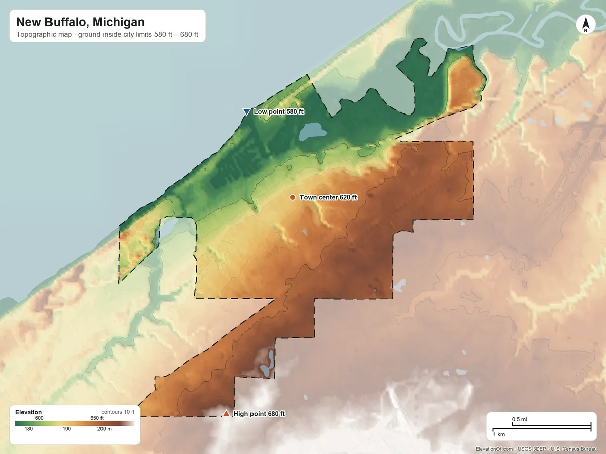 Topographic elevation map of New Buffalo, Michigan, shaded from 580 ft on the northwest side to 680 ft on the south side