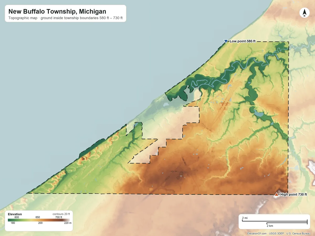 Topographic elevation map of New Buffalo Township, Michigan, shaded from 580 ft on the northeast side to 730 ft on the east side