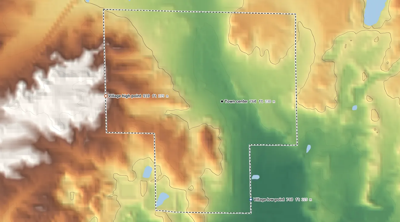 Topographic elevation map of New Era, Michigan, shaded from 740 ft on the south side to 910 ft on the west side