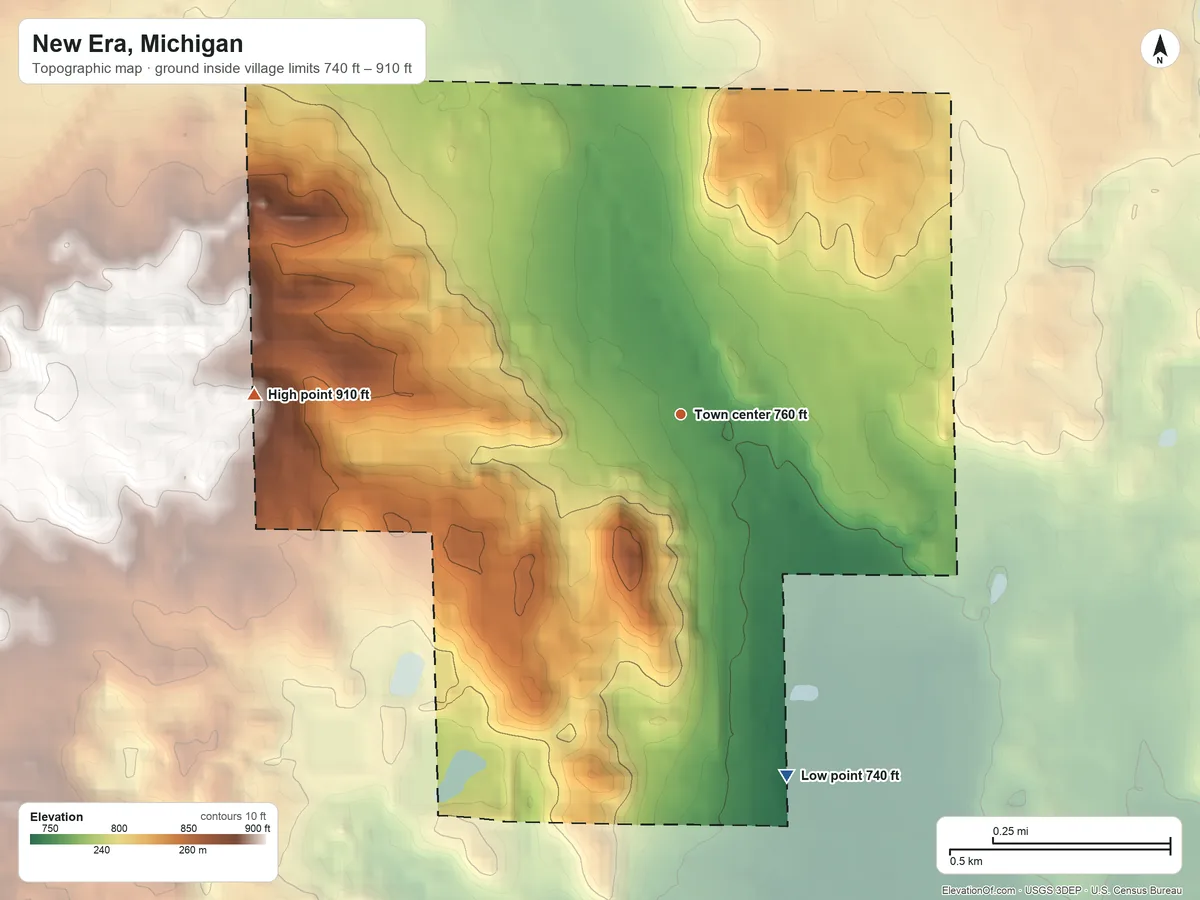 Topographic elevation map of New Era, Michigan, shaded from 740 ft on the south side to 910 ft on the west side