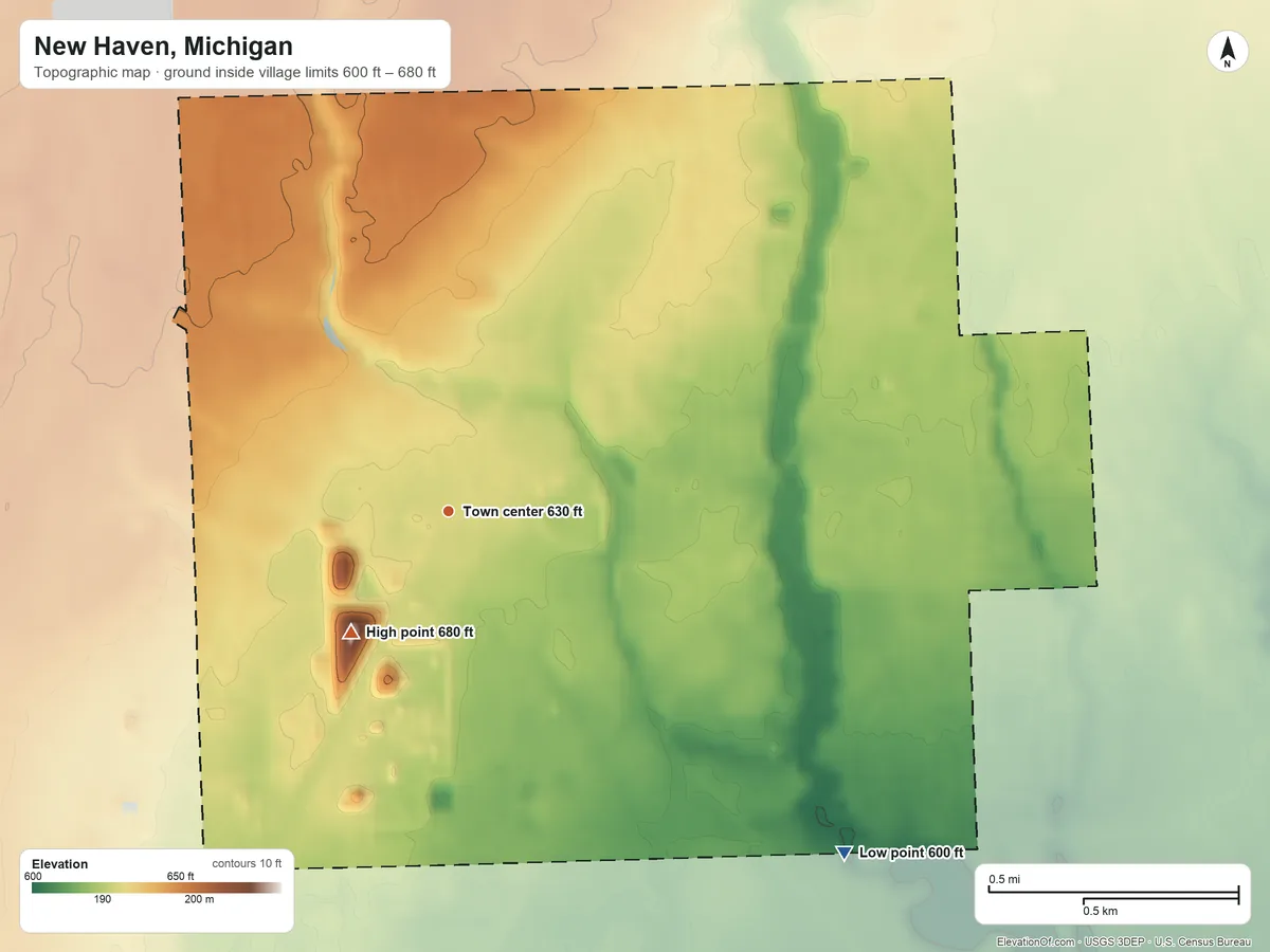 Topographic elevation map of New Haven, Michigan, shaded from 600 ft on the southeast side to 680 ft on the southwest side