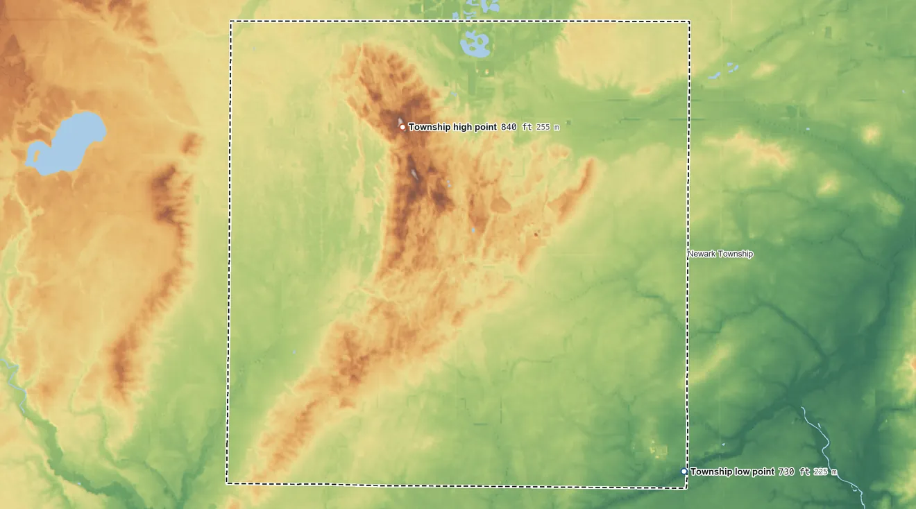 Topographic elevation map of New Haven Township, Gratiot County, Michigan, shaded from 730 ft on the southeast side to 840 ft on the north side