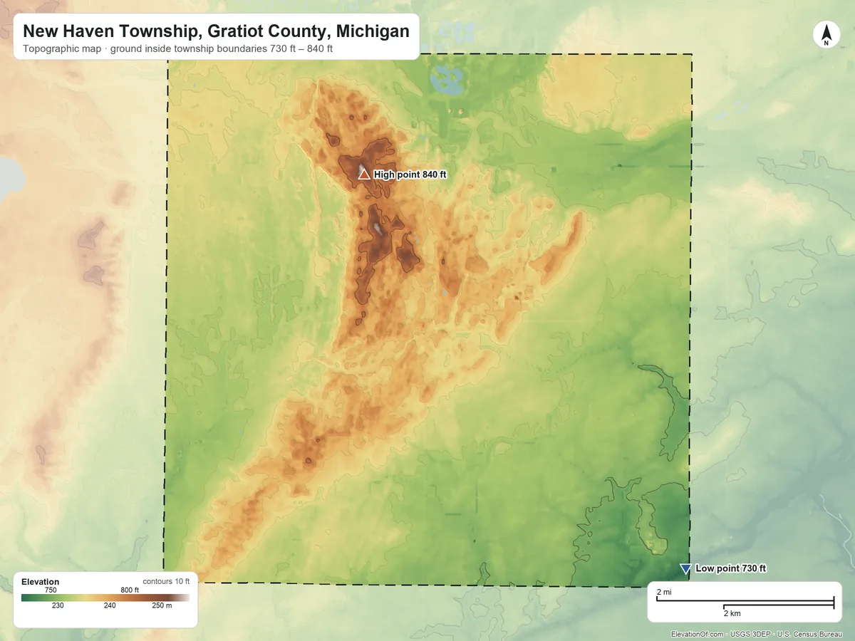 Topographic elevation map of New Haven Township, Gratiot County, Michigan, shaded from 730 ft on the southeast side to 840 ft on the north side