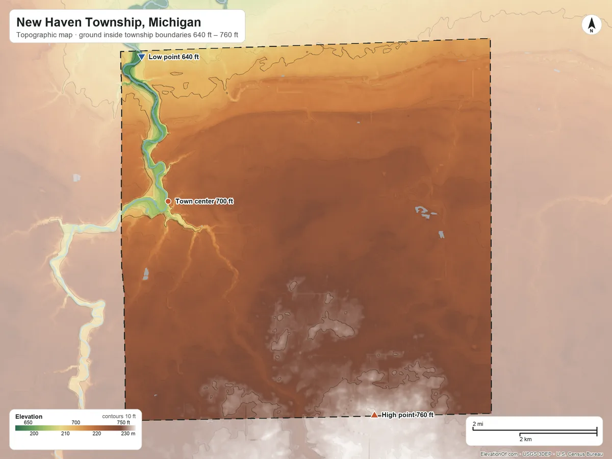 Topographic elevation map of New Haven Township, Michigan, shaded from 640 ft on the north side to 760 ft on the southeast side