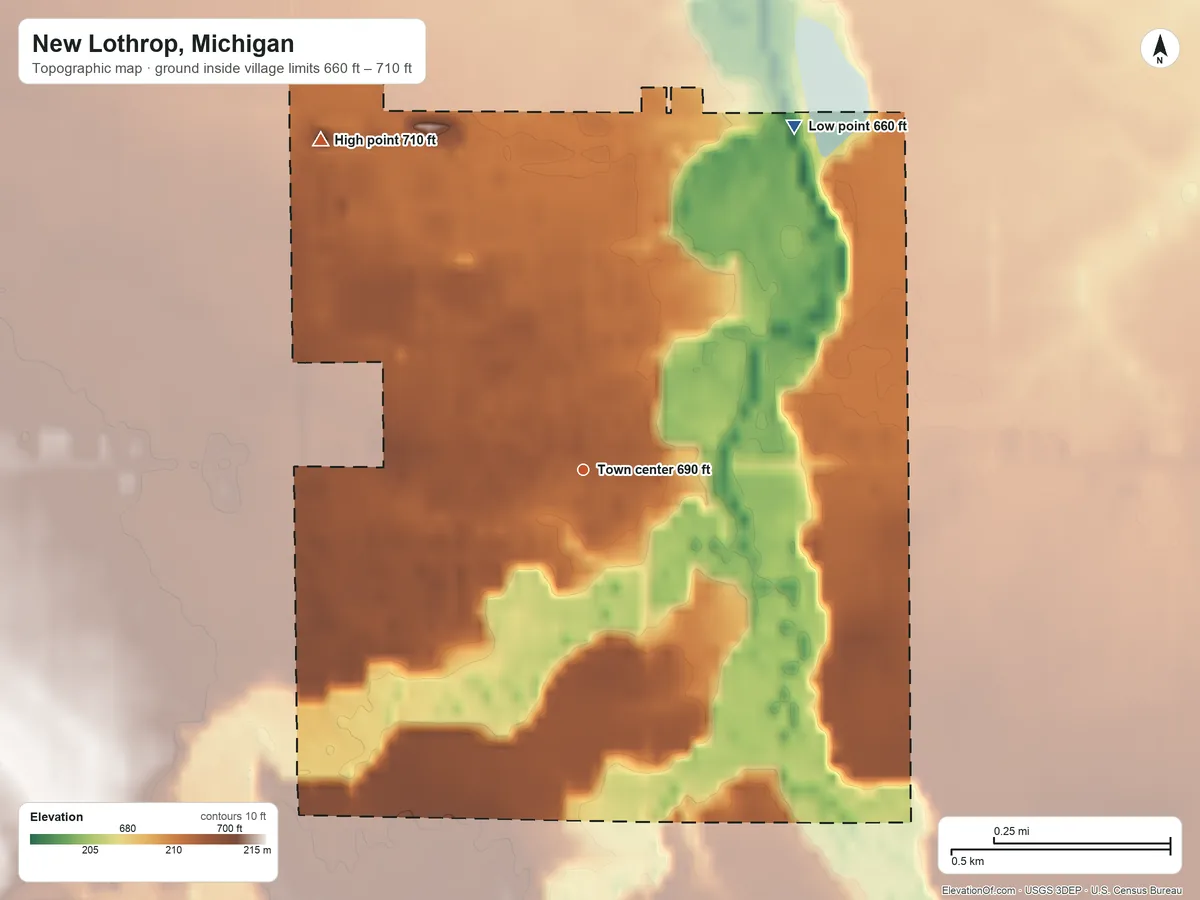 Topographic elevation map of New Lothrop, Michigan, shaded from 660 ft on the northeast side to 710 ft on the northwest side