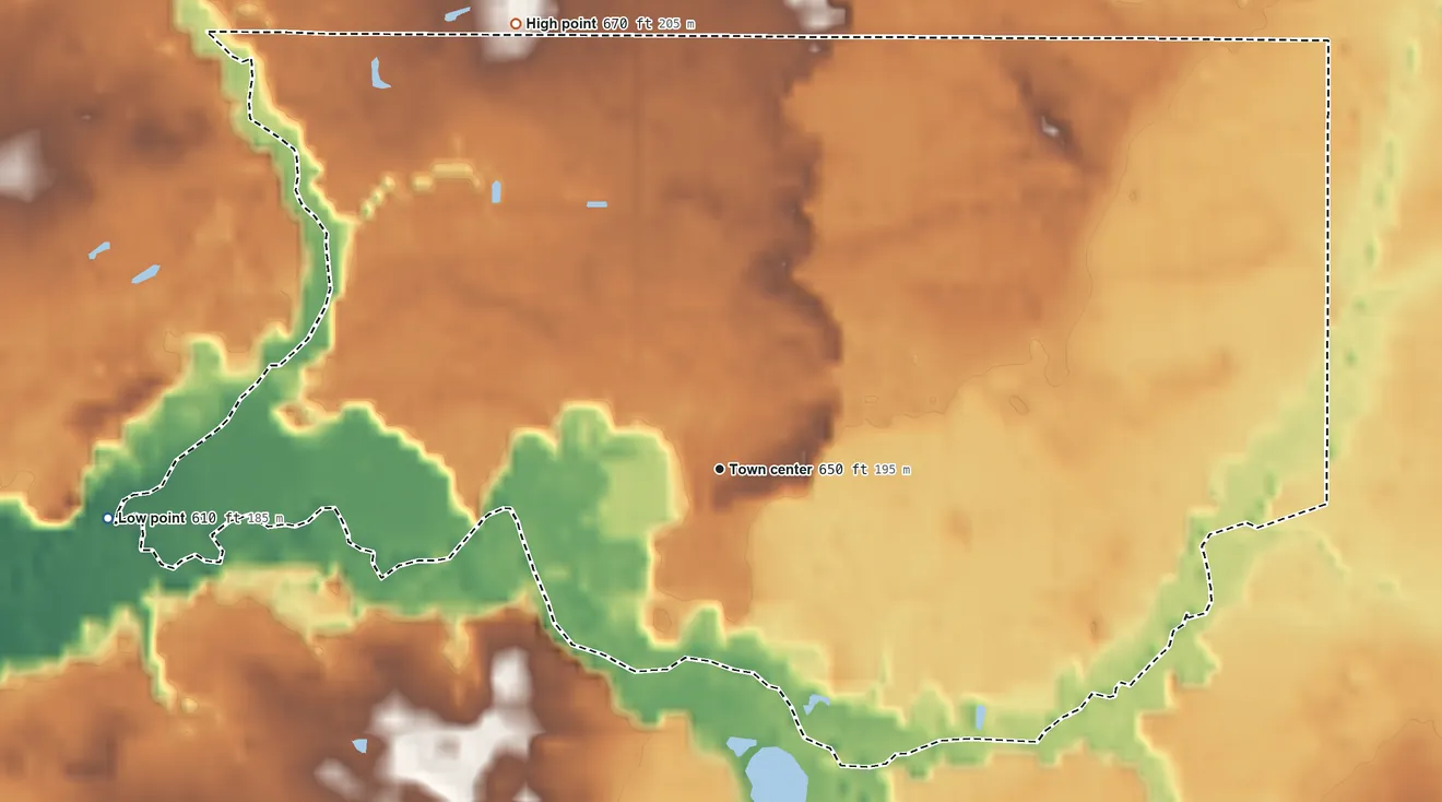 Topographic elevation map of New Troy, Michigan, shaded from 610 ft on the west side to 670 ft on the northwest side