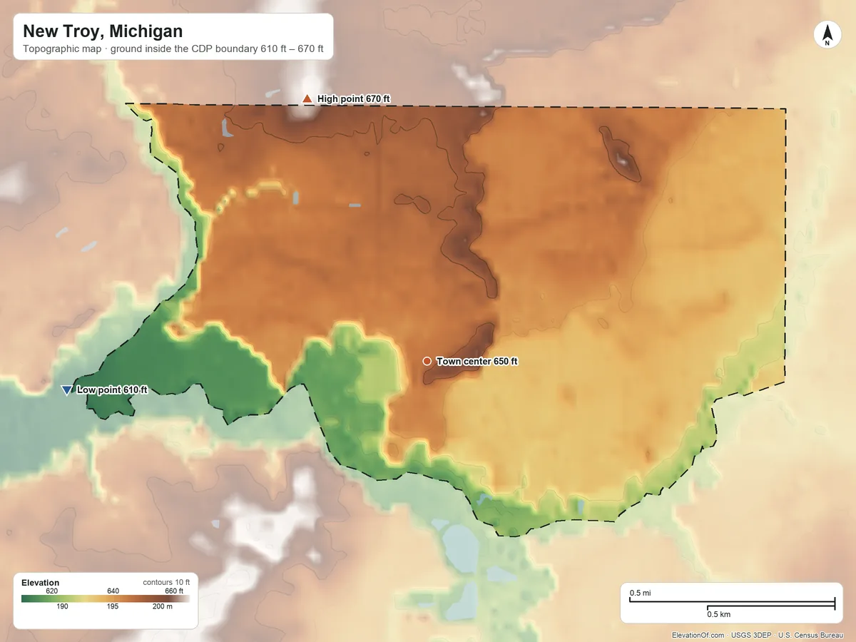 Topographic elevation map of New Troy, Michigan, shaded from 610 ft on the west side to 670 ft on the northwest side
