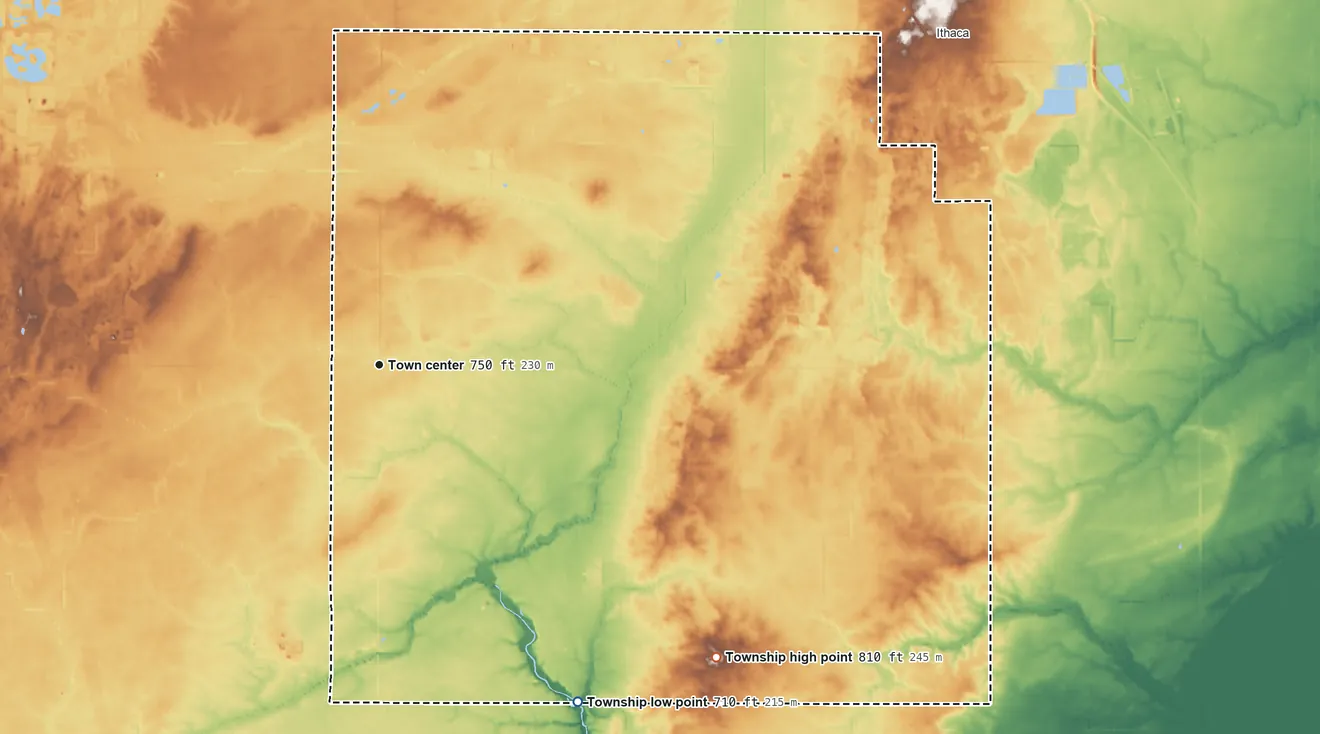 Topographic elevation map of Newark Township, Michigan, shaded from 710 ft on the southeast side to 810 ft on the southeast side