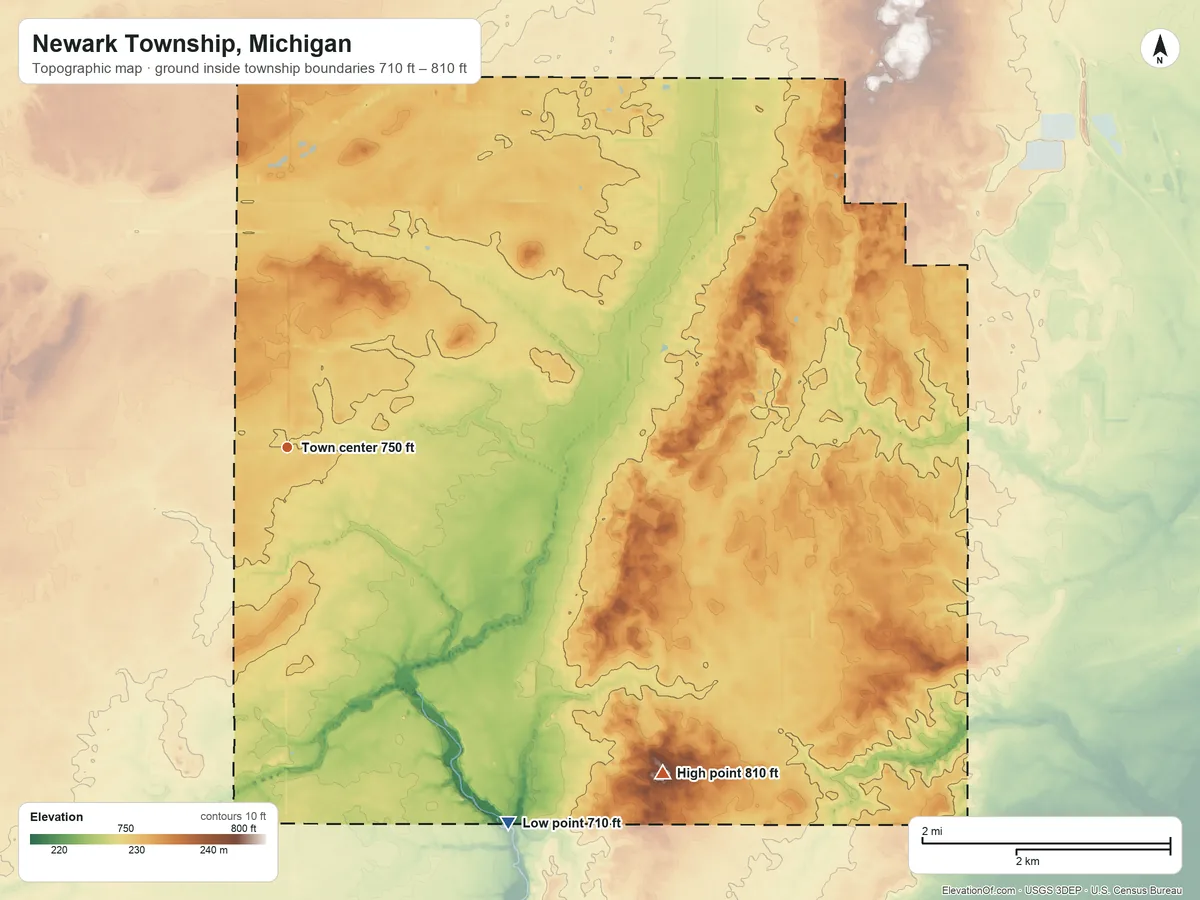 Topographic elevation map of Newark Township, Michigan, shaded from 710 ft on the southeast side to 810 ft on the southeast side