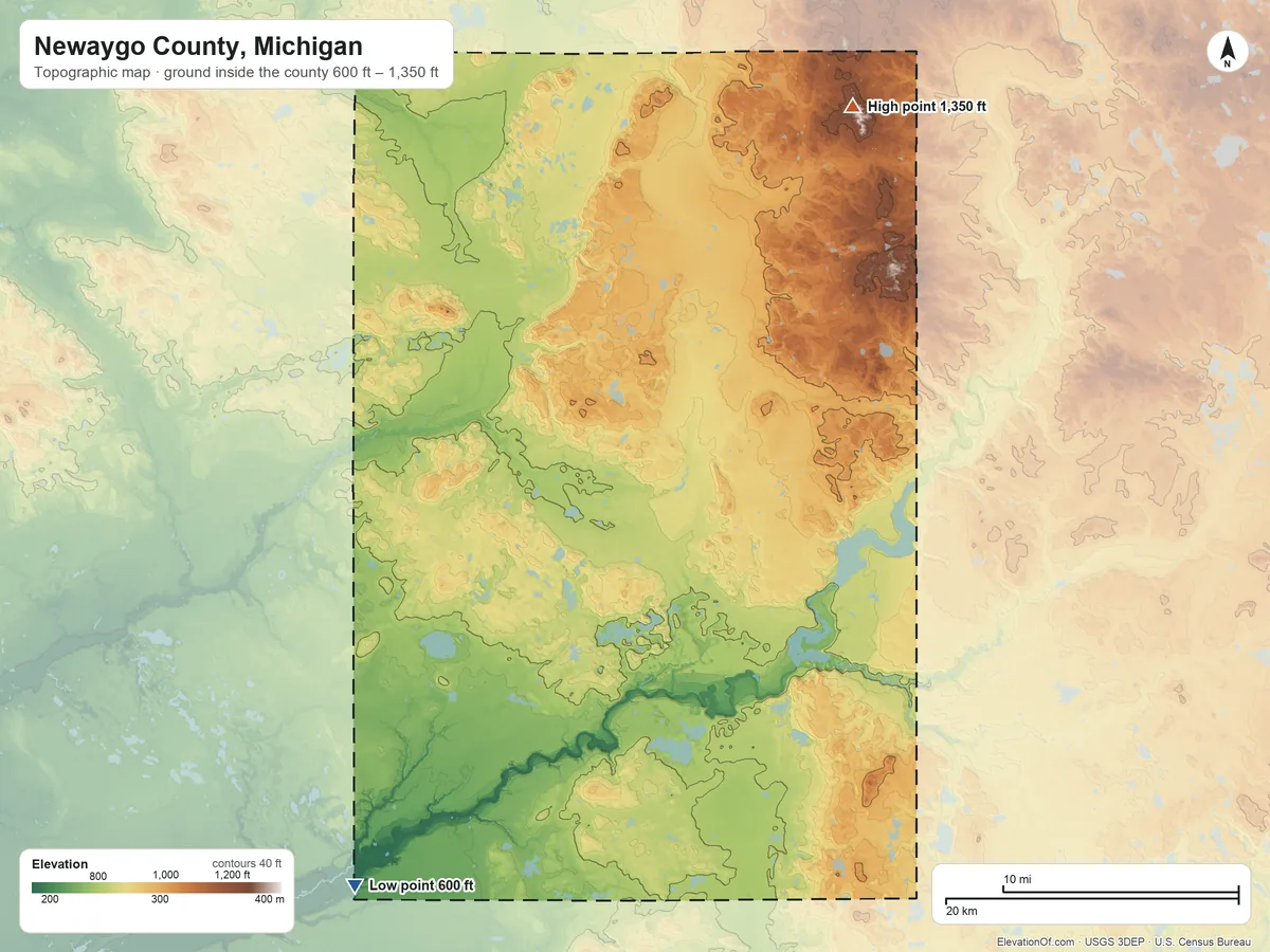 Topographic elevation map of Newaygo County, Michigan, shaded from 600 ft on the southwest side to 1,350 ft on the northeast side