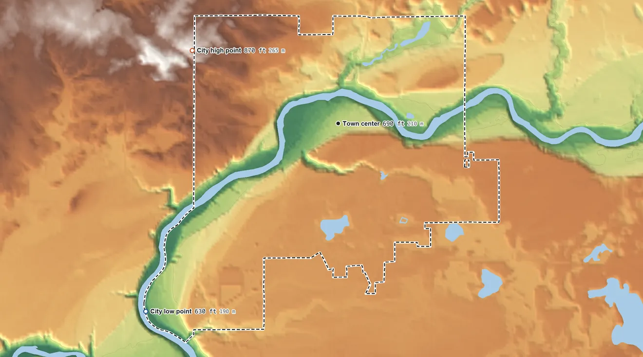 Topographic elevation map of Newaygo, Michigan, shaded from 630 ft on the southwest side to 870 ft on the northwest side