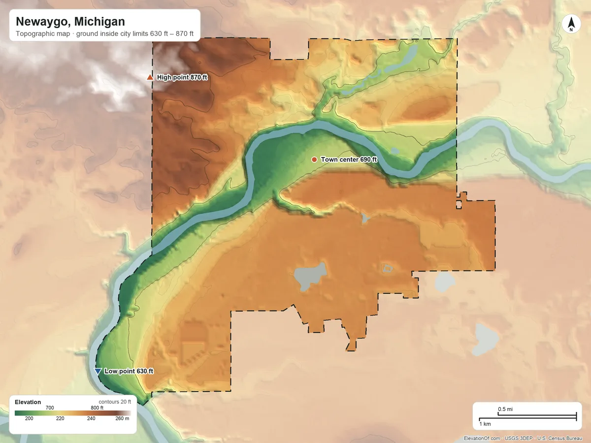 Topographic elevation map of Newaygo, Michigan, shaded from 630 ft on the southwest side to 870 ft on the northwest side