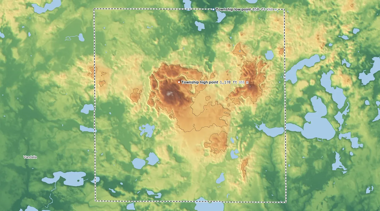 Topographic elevation map of Newberg Township, Michigan, shaded from 850 ft on the north side to 1,170 ft on Bald Hill