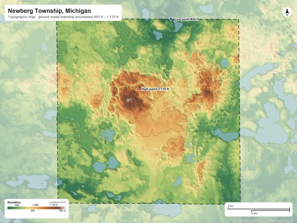 Topographic elevation map of Newberg Township, Michigan, shaded from 850 ft on the north side to 1,170 ft on Bald Hill