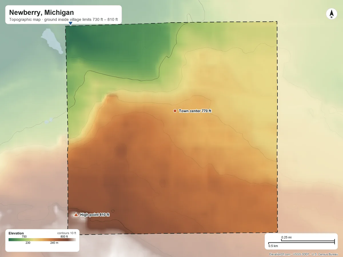 Topographic elevation map of Newberry, Michigan, shaded from 730 ft on the northwest side to 810 ft on the southwest side