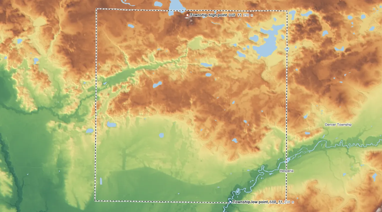 Topographic elevation map of Newfield Township, Michigan, shaded from 680 ft on the south side to 940 ft on the northwest side