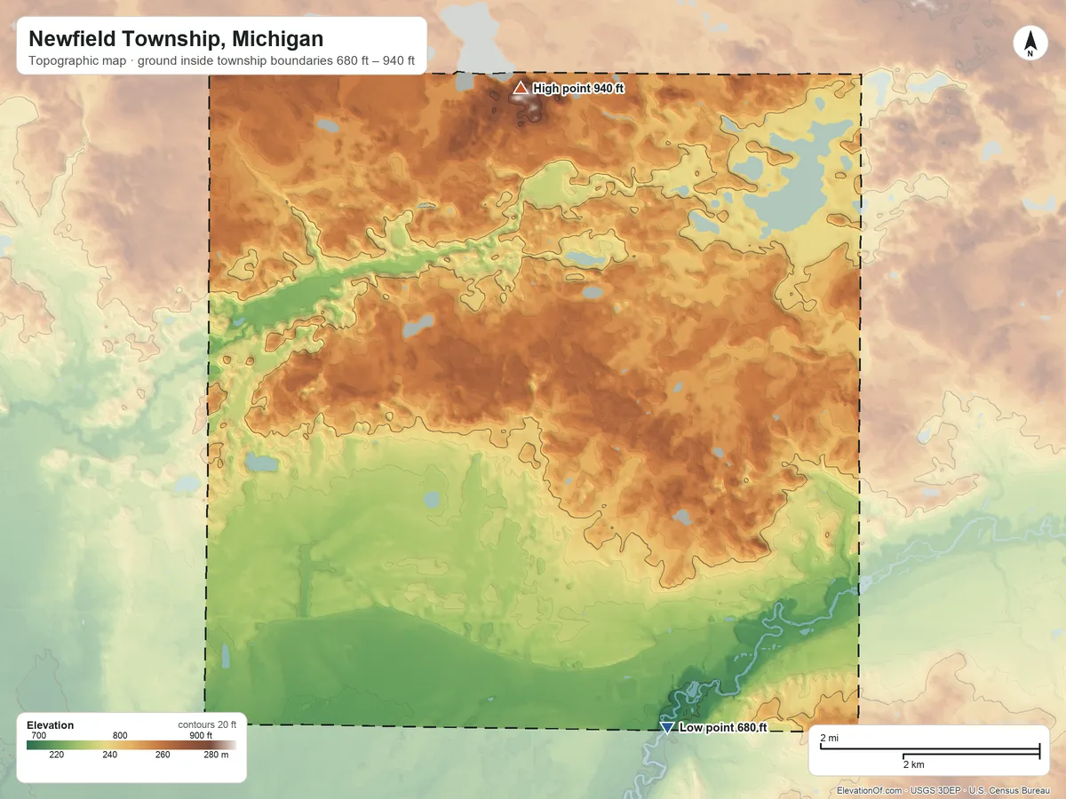 Topographic elevation map of Newfield Township, Michigan, shaded from 680 ft on the south side to 940 ft on the northwest side