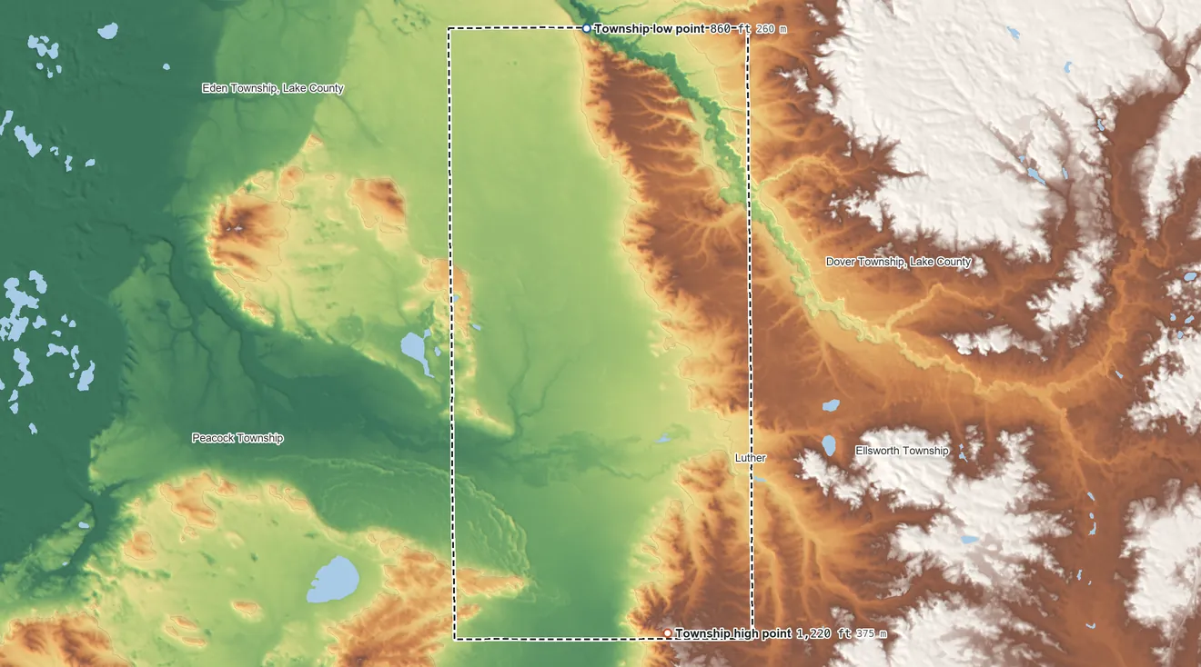 Topographic elevation map of Newkirk Township, Michigan, shaded from 860 ft on the north side to 1,220 ft on the south side