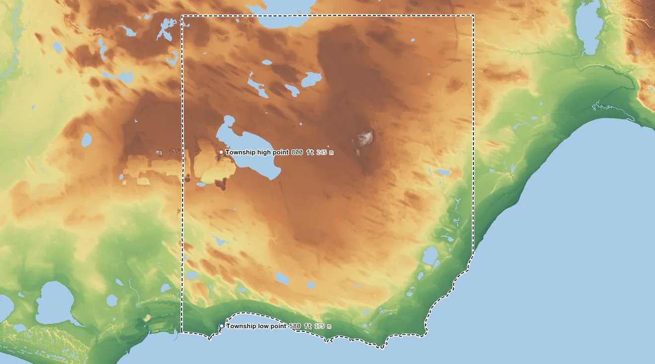 Topographic elevation map of Newton Township, Mackinac County, Michigan, shaded from 580 ft on the southwest side to 800 ft on the southwest side