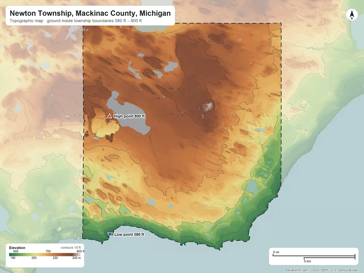 Topographic elevation map of Newton Township, Mackinac County, Michigan, shaded from 580 ft on the southwest side to 800 ft on the southwest side