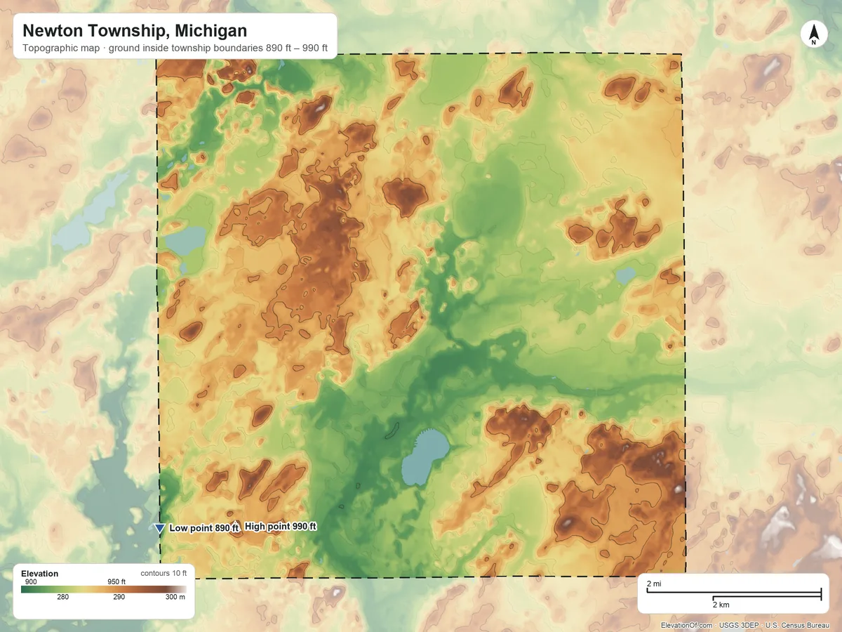 Topographic elevation map of Newton Township, Michigan, shaded from 890 ft on the southwest side to 990 ft on the south side