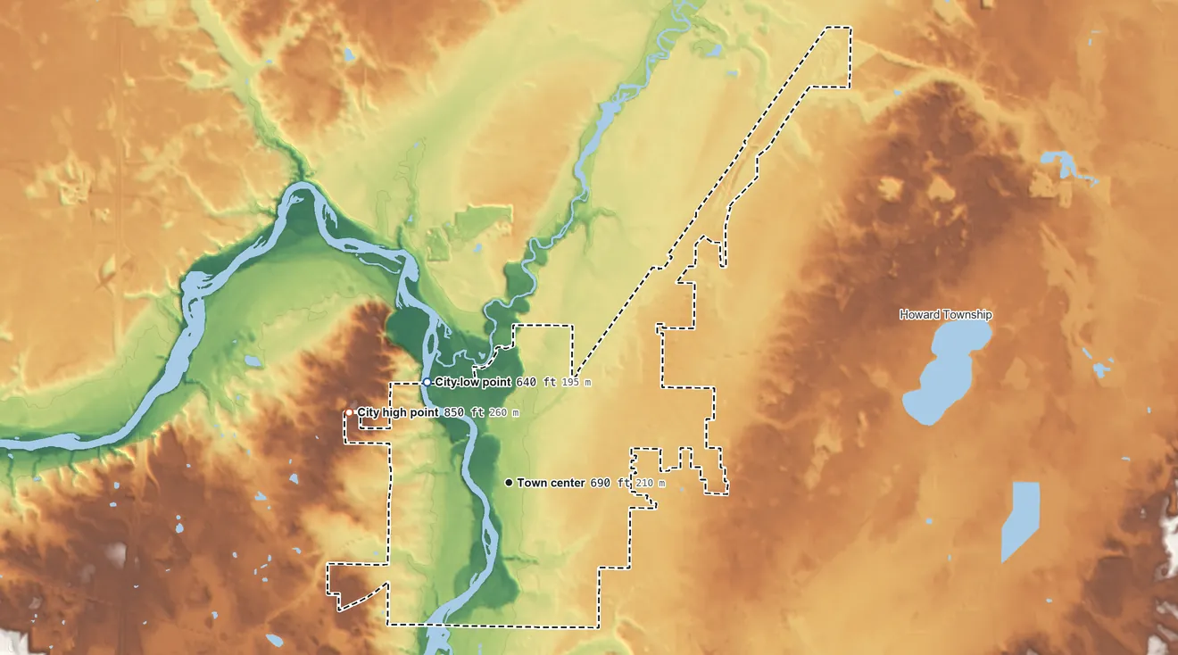 Topographic elevation map of Niles, Michigan, shaded from 640 ft on the northwest side to 850 ft on the northwest side