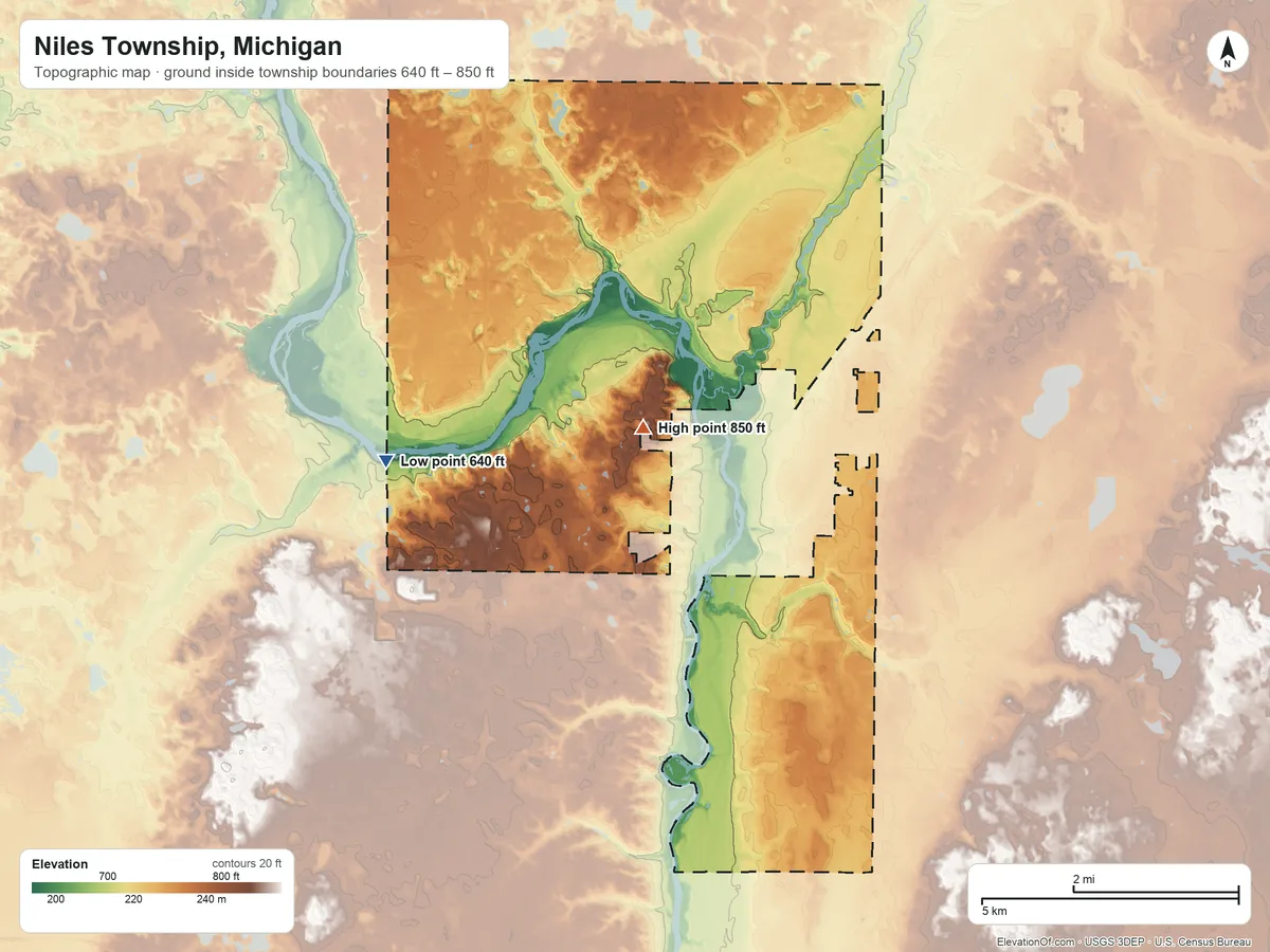 Topographic elevation map of Niles Township, Michigan, shaded from 640 ft on the west side to 850 ft on the northwest side