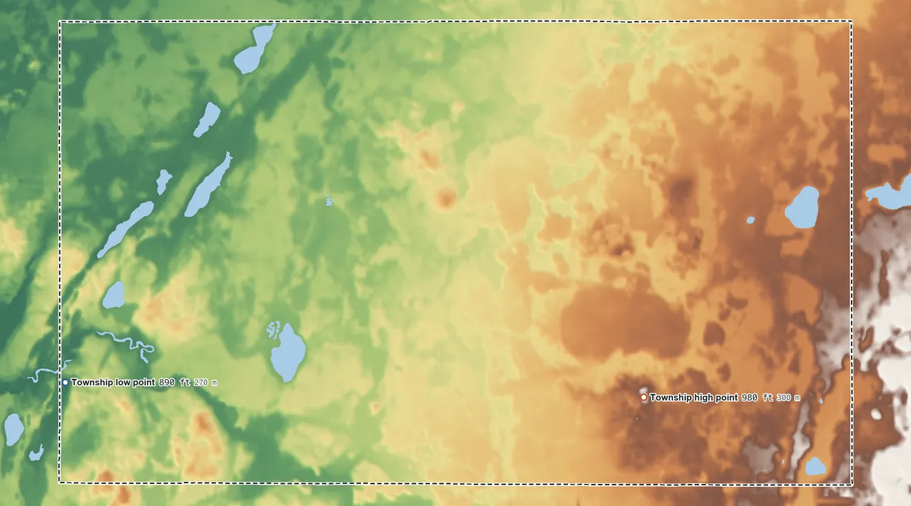 Topographic elevation map of Noble Township, Michigan, shaded from 890 ft on the west side to 980 ft on the southeast side