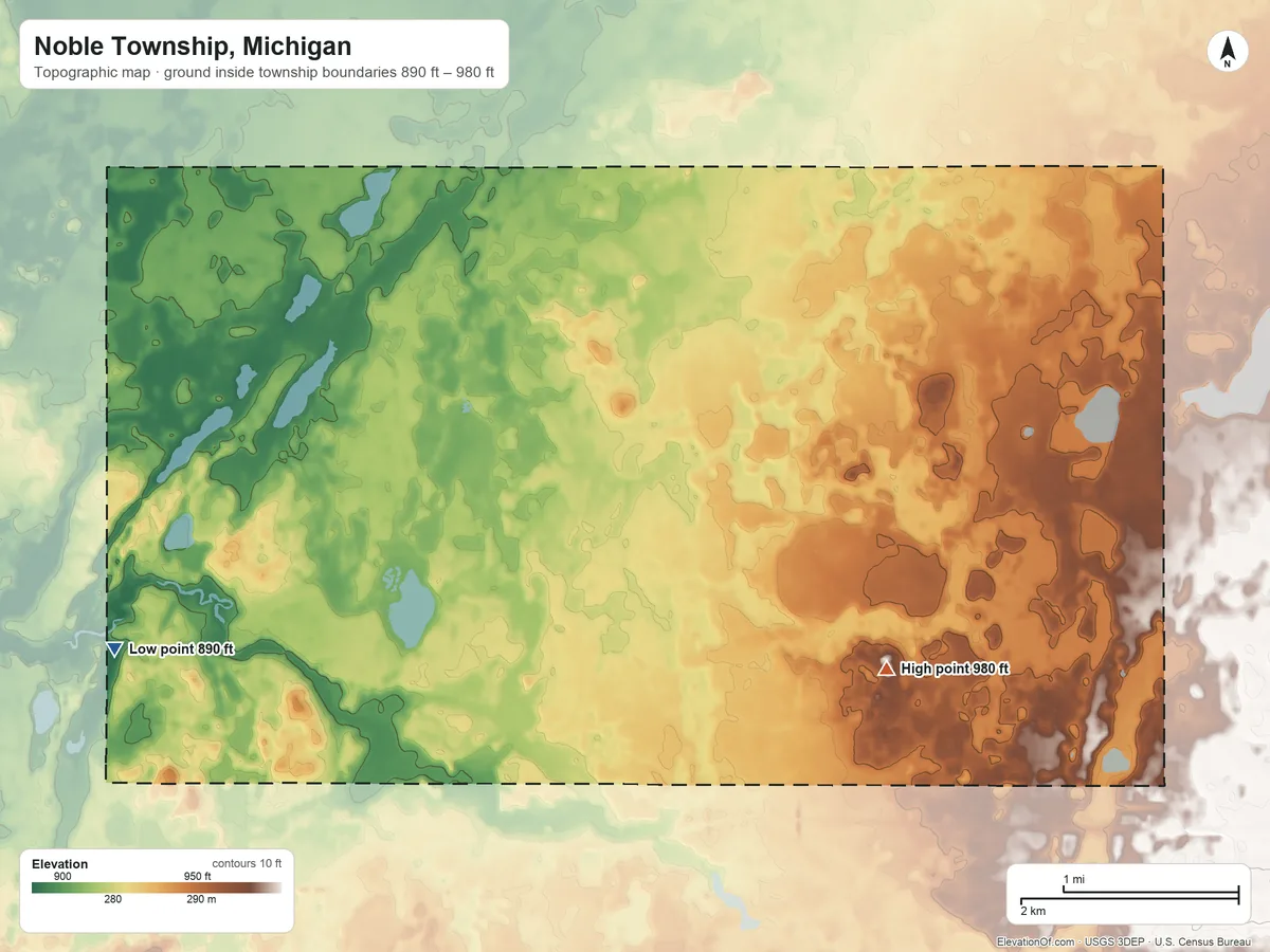 Topographic elevation map of Noble Township, Michigan, shaded from 890 ft on the west side to 980 ft on the southeast side
