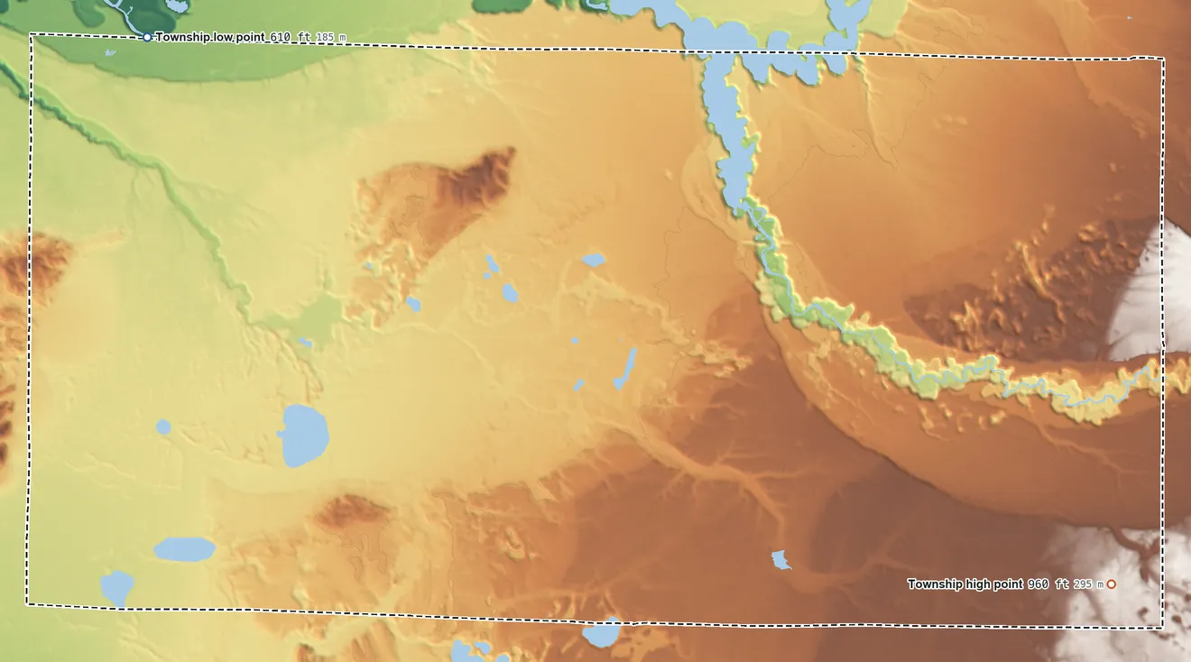 Topographic elevation map of Norman Township, Michigan, shaded from 610 ft on the northwest side to 960 ft on the southeast side