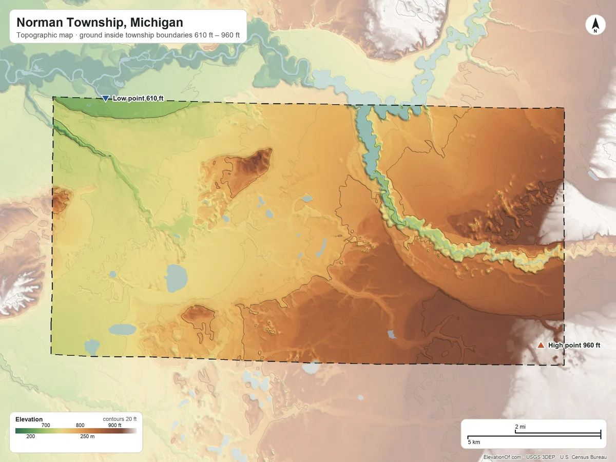 Topographic elevation map of Norman Township, Michigan, shaded from 610 ft on the northwest side to 960 ft on the southeast side