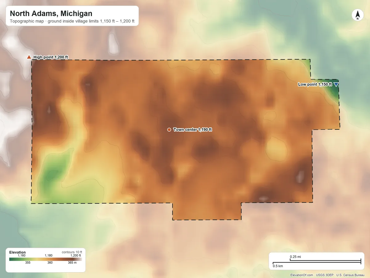 Topographic elevation map of North Adams, Michigan, shaded from 1,150 ft on the east side to 1,200 ft on the northwest side