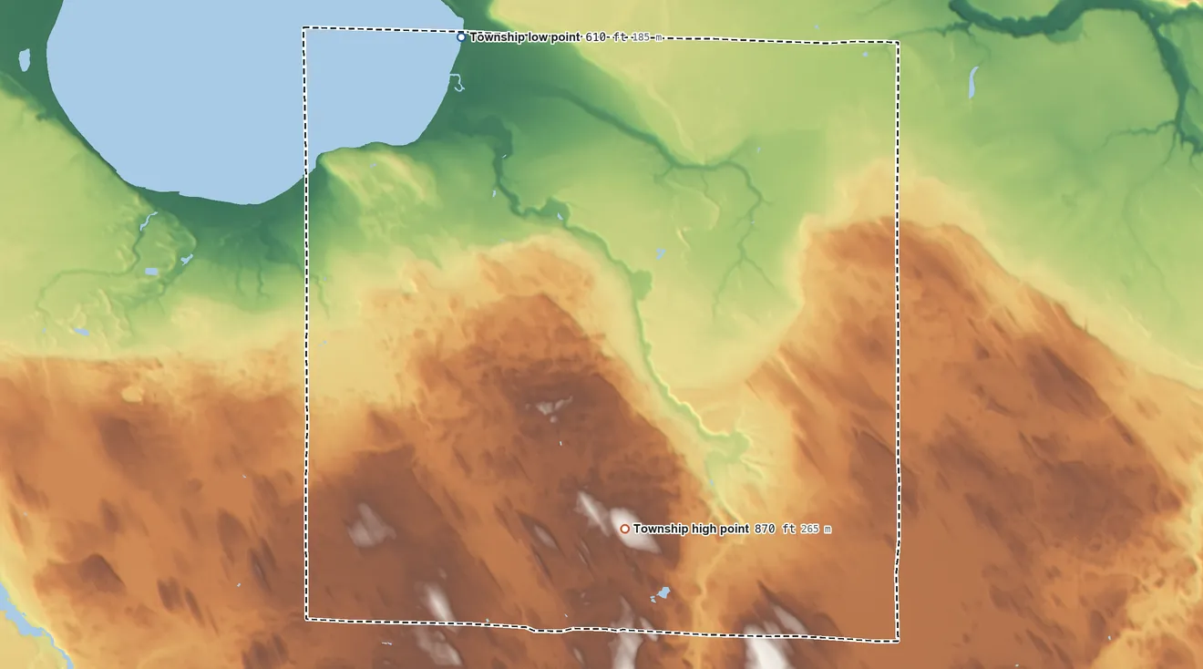 Topographic elevation map of North Allis Township, Michigan, shaded from 610 ft on the north side to 870 ft on the southeast side