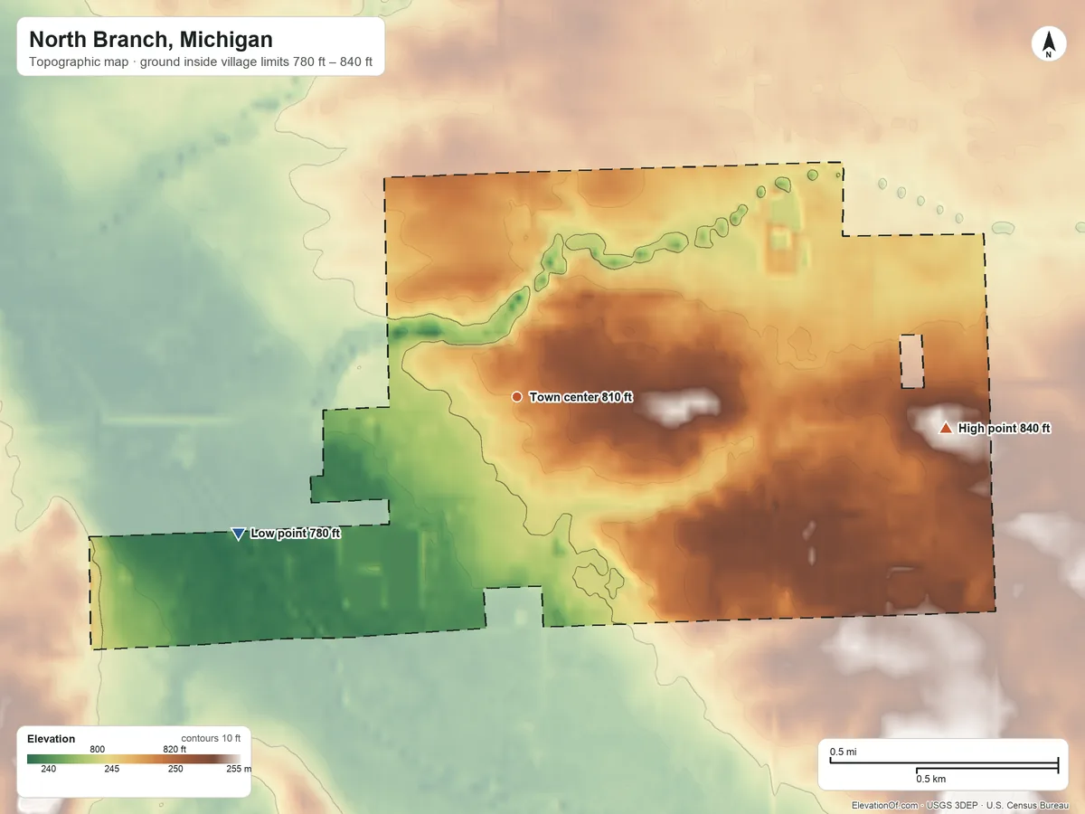 Topographic elevation map of North Branch, Michigan, shaded from 780 ft on the southwest side to 840 ft on the east side