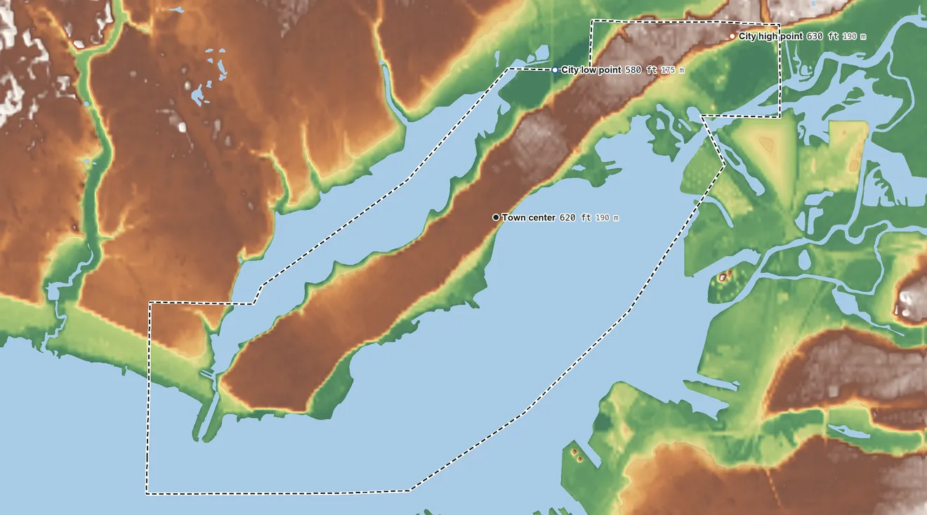 Topographic elevation map of North Muskegon, Michigan, shaded from 580 ft on the north side to 630 ft on the northeast side