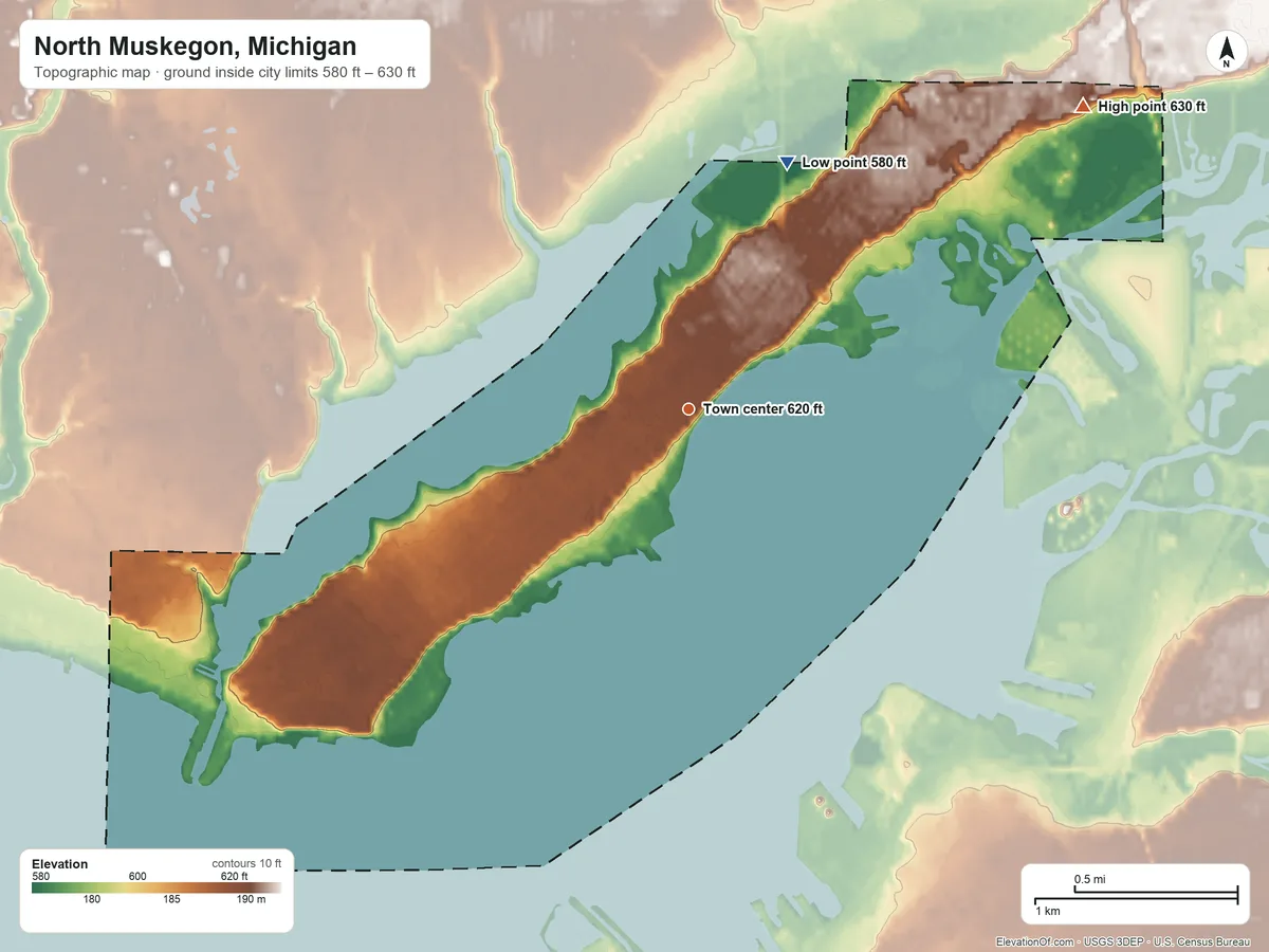 Topographic elevation map of North Muskegon, Michigan, shaded from 580 ft on the north side to 630 ft on the northeast side