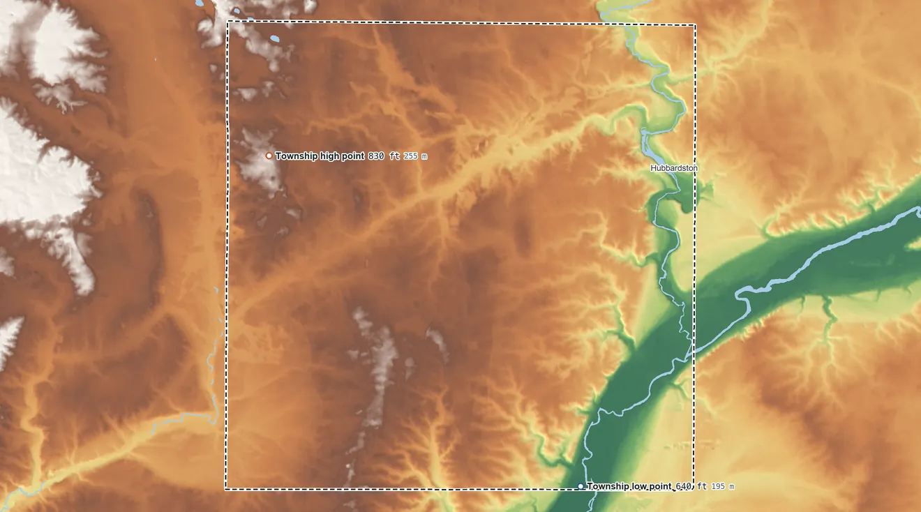 Topographic elevation map of North Plains Township, Michigan, shaded from 640 ft on the south side to 830 ft on the west side