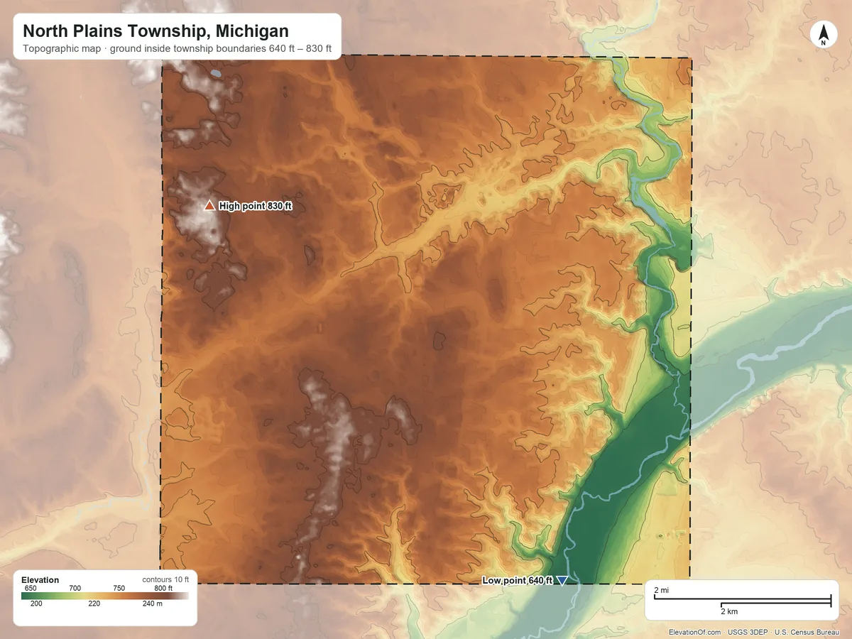 Topographic elevation map of North Plains Township, Michigan, shaded from 640 ft on the south side to 830 ft on the west side
